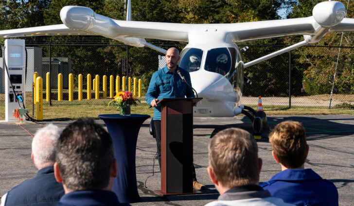 BETA Technologies COO Blain Newton addresses guests gathered for the ceremonial commissioning of BETA’s electric aircraft charging station at Marshfield Municipal Airport on Oct. 13, 2023. Photo courtesy of BETA Technologies