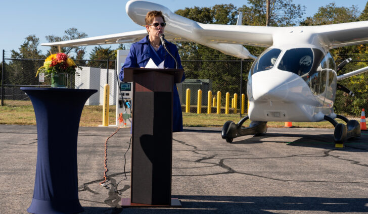FAA New England Region Administrator Colleen D’Alessandro offers remarks during Shoreline Aviation’s commissioning of BETA Technologies electric aircraft charging station. Photo courtesy of BETA Technologies