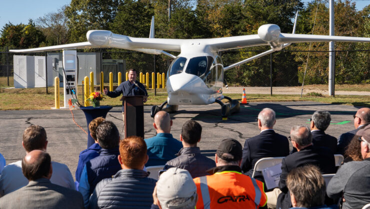 Senator Patrick O’Connor tells the audience that it’s “a huge day.” Photo courtesy of BETA Technologies