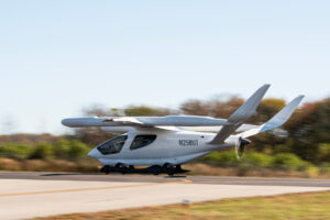 ALIA 250 takes off following the commissioning celebration at Marshfield Municipal Airport on Oct. 13, 2023. Photo courtesy of BETA Technologies