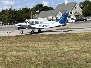 The Shoreline Aviation Piper Warrior piloted by flight student Una Delabruere taxis to Runway 6 for takeoff. 