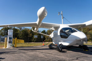 ALIA 250 charges its batteries at Marshfield Municipal Airport. Photo courtesy of BETA Technologies