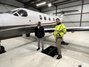 Line Service Manager Steve Dery, left, and Assistant Airport Manager Ben Garman pose with Shoreline Aviation charter fleet’s Pilatus PC-12NG. Line Service Manager Steve Dery, left, and Assistant Airport Manager Ben Garman pose with Shoreline Aviation charter fleet’s Pilatus PC-12NG. 