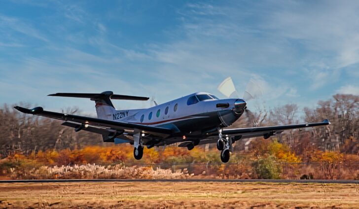 Shoreline Aviation’s charter fleet Pilatus PC-12NG takes off.