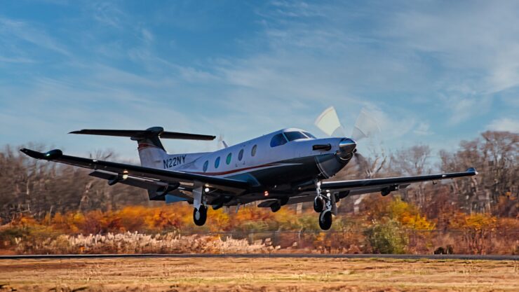 Shoreline Aviation’s charter fleet Pilatus PC-12NG takes off.