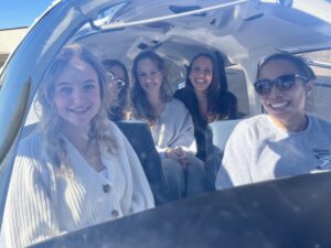 Abby Marinelli, left, Andrea Hewett, Varvara Karenski, Isabella DiRusso, and Helen Lin pack into the four-seat Piper Warrior trainer. Abby Marinelli, left, Andrea Hewett, Varvara Karenski, Isabella DiRusso, and Helen Lin pack into the four-seat Piper Warrior trainer.