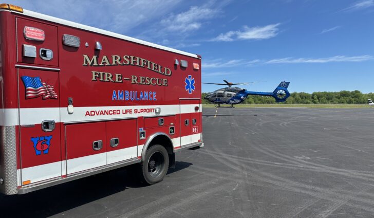 Boston MedFlight lifts off with a motorcycle accident patient from Marshfield Municipal Airport. Photo courtesy of Marshfield Fire Department